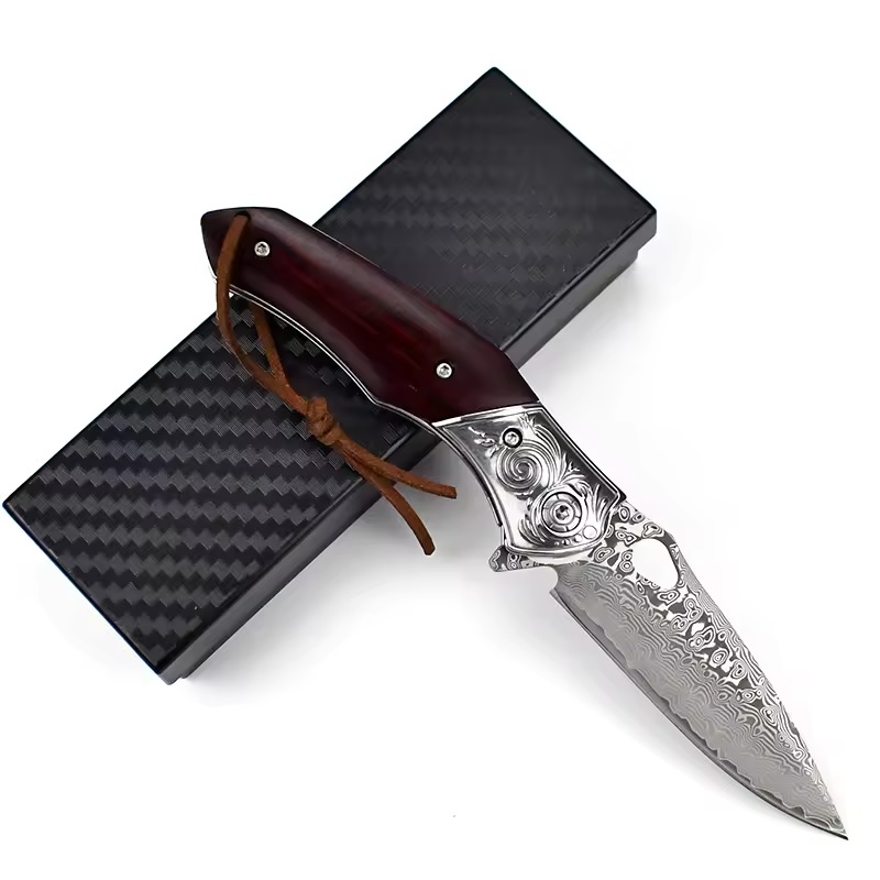 Couteau pliant outdoor en acier damas NO-31698 - Marron