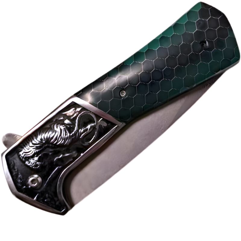 Couteau pliant d'extérieur damasquiné CO-42105 DA3244 - Bleu / 2e qualité