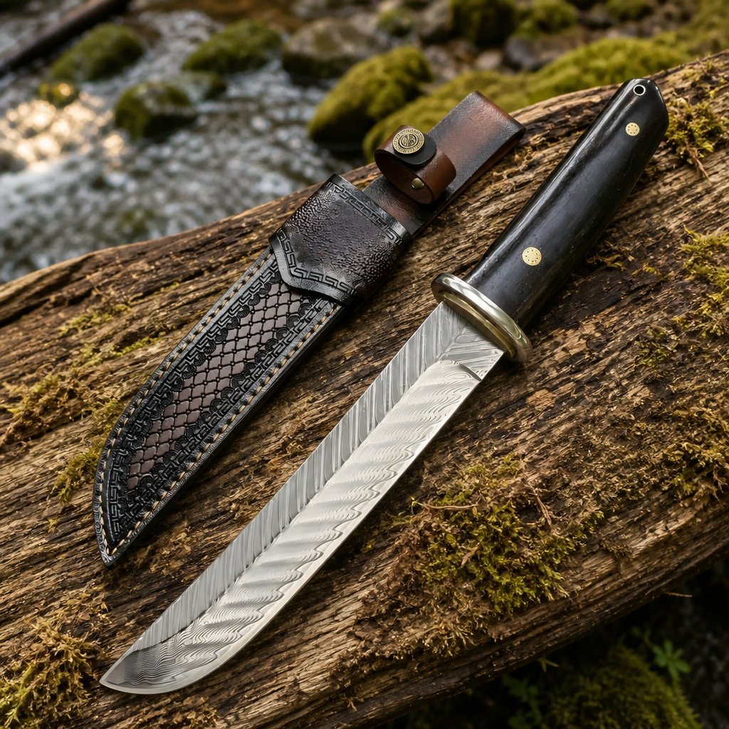 Couteau de plein air damasquiné BR - 39486 - Marron
