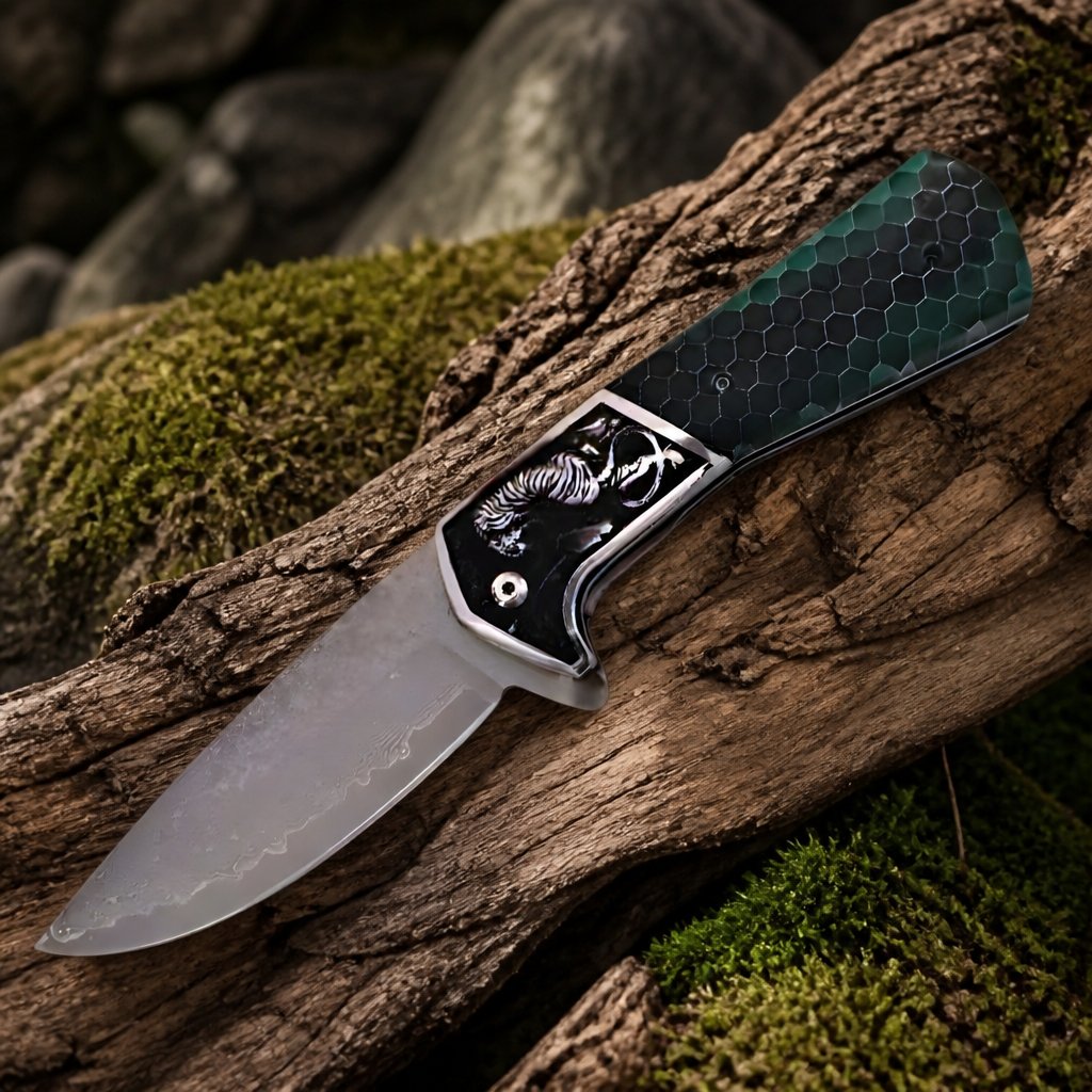 Couteau pliant de plein air damasquiné CO-39986 DA3244 - Vert